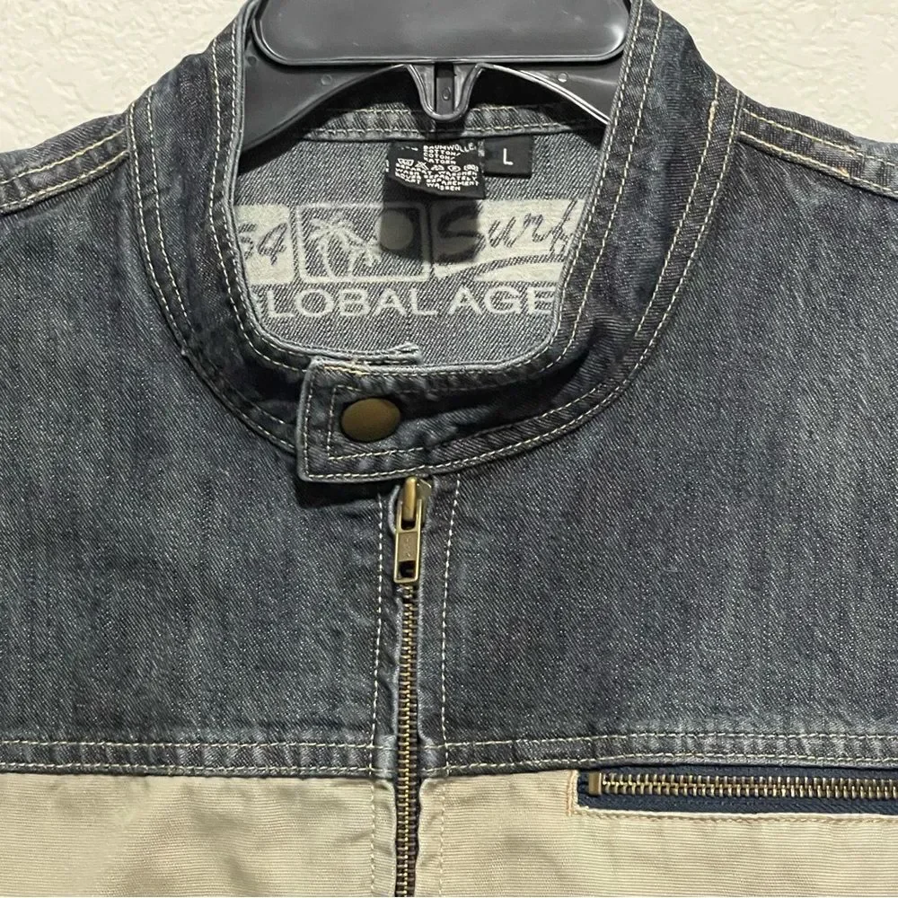 Men’s Two-Tone Denim Jean Jacket Beige Contrast Panels Zip Chest Pocket L 54Surf